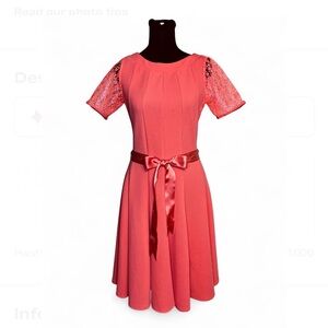 HAANI Coral Midi Dress PS, I with Short Lace Sleeve and Ribbon Belt.